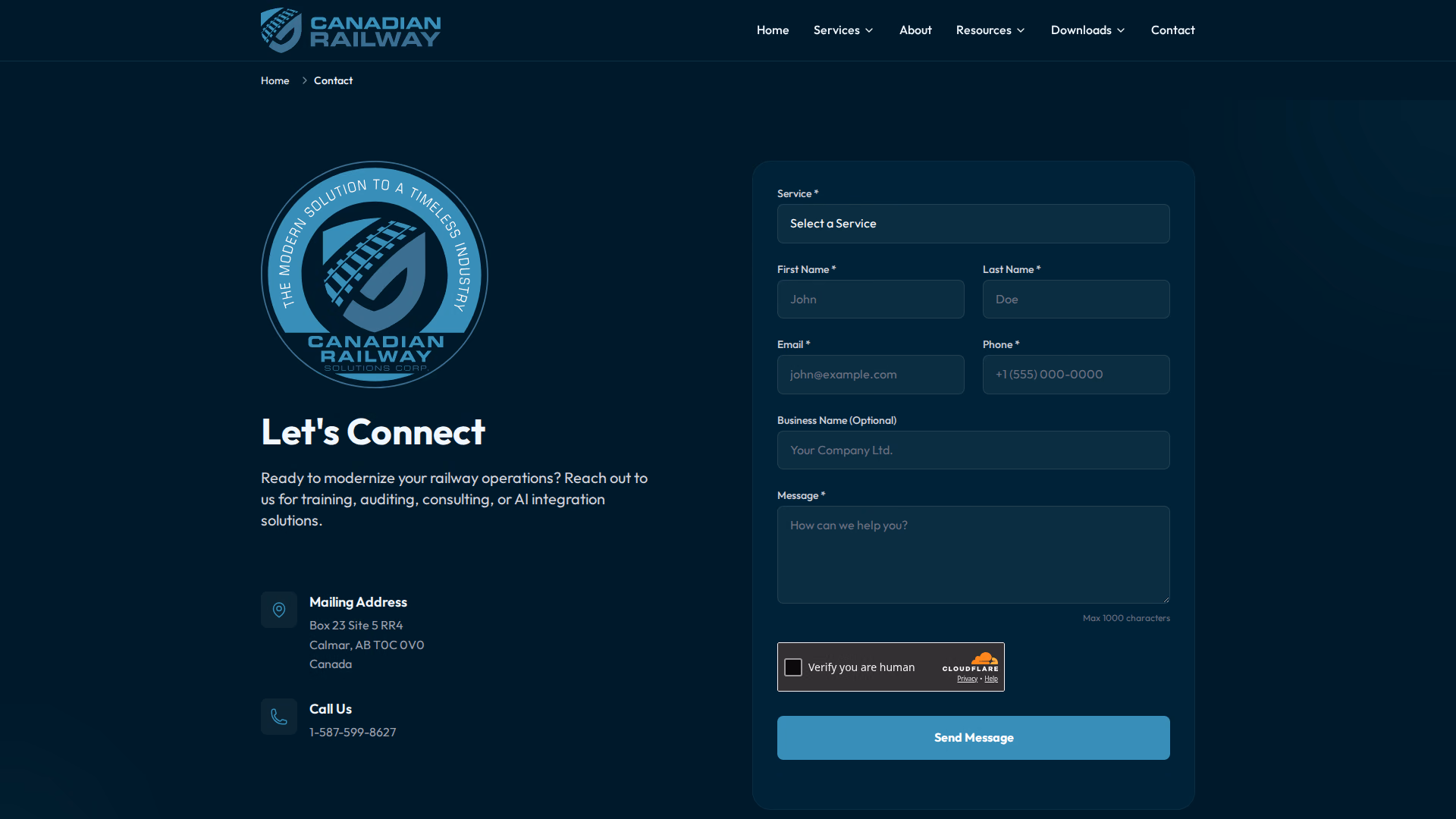 Canadian Railway Solutions contact page (desktop)